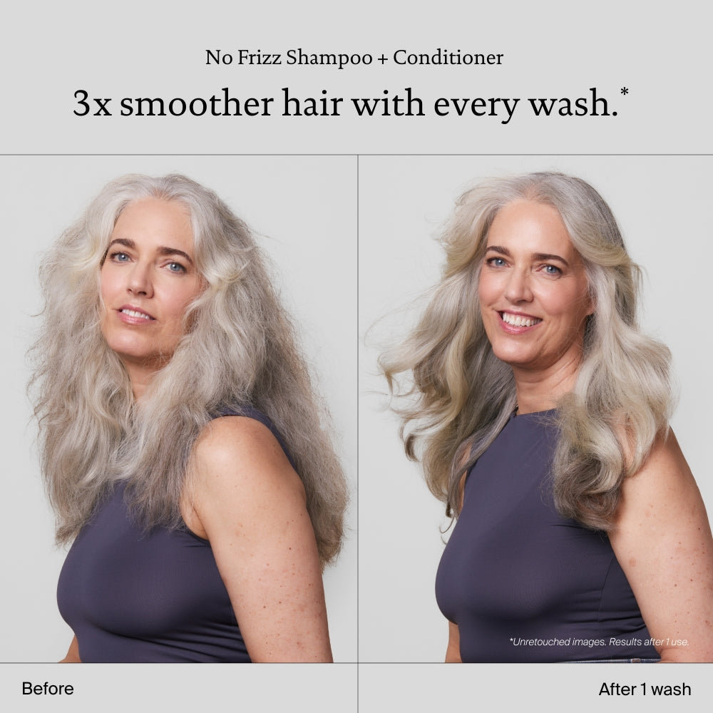 Side-by-side image of a woman with gray hair, showing frizzy hair before and smooth, shiny, fuller hair after 1 wash with No Frizz Conditioner powered by Sili-CLONE™ HairTech.
