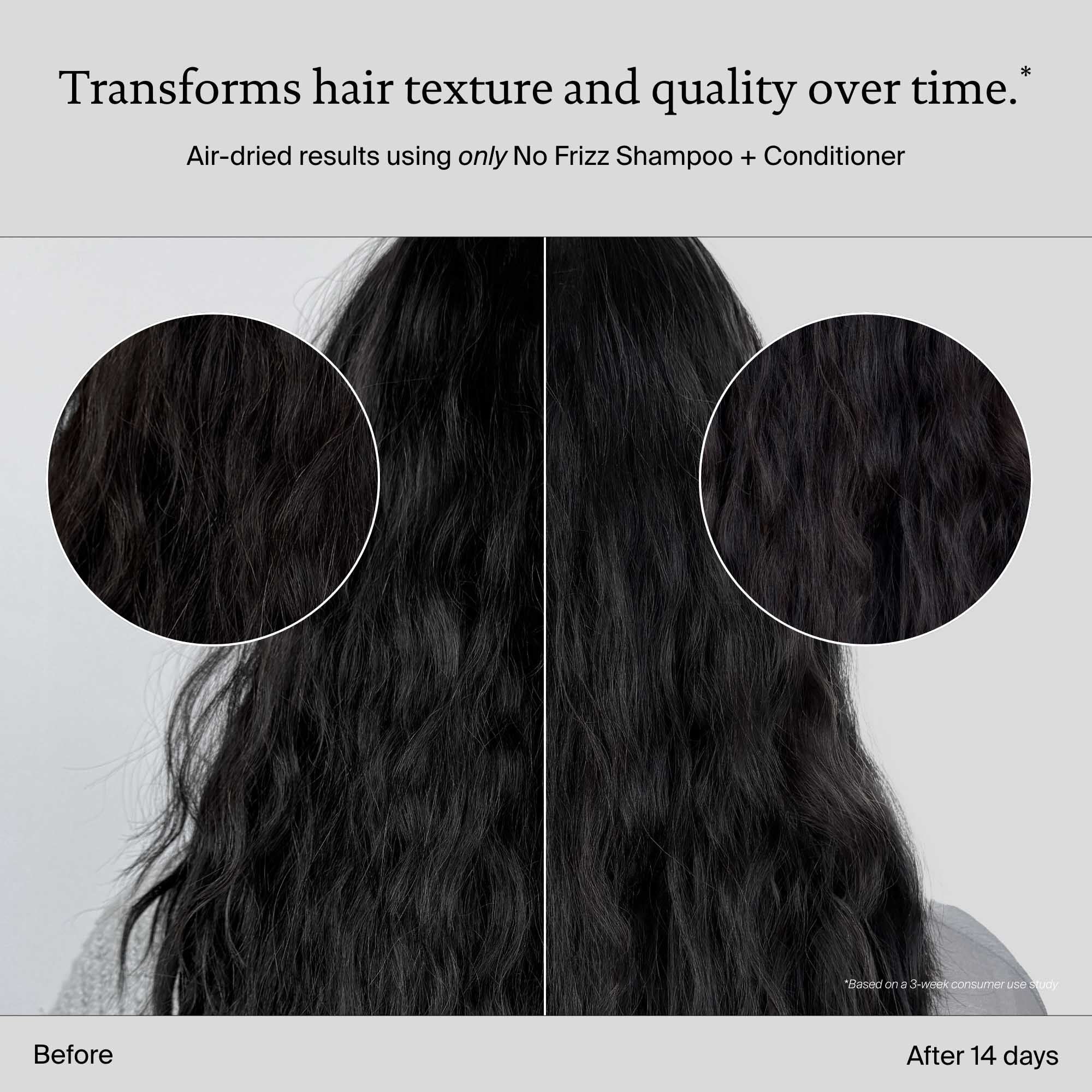 A split-image shows the back of a persons head with frizzy hair on the left labeled Before and smoother hair on the right labeled After 14 days with No Frizz Conditioner, with magnified insets highlighting reduced frizz.