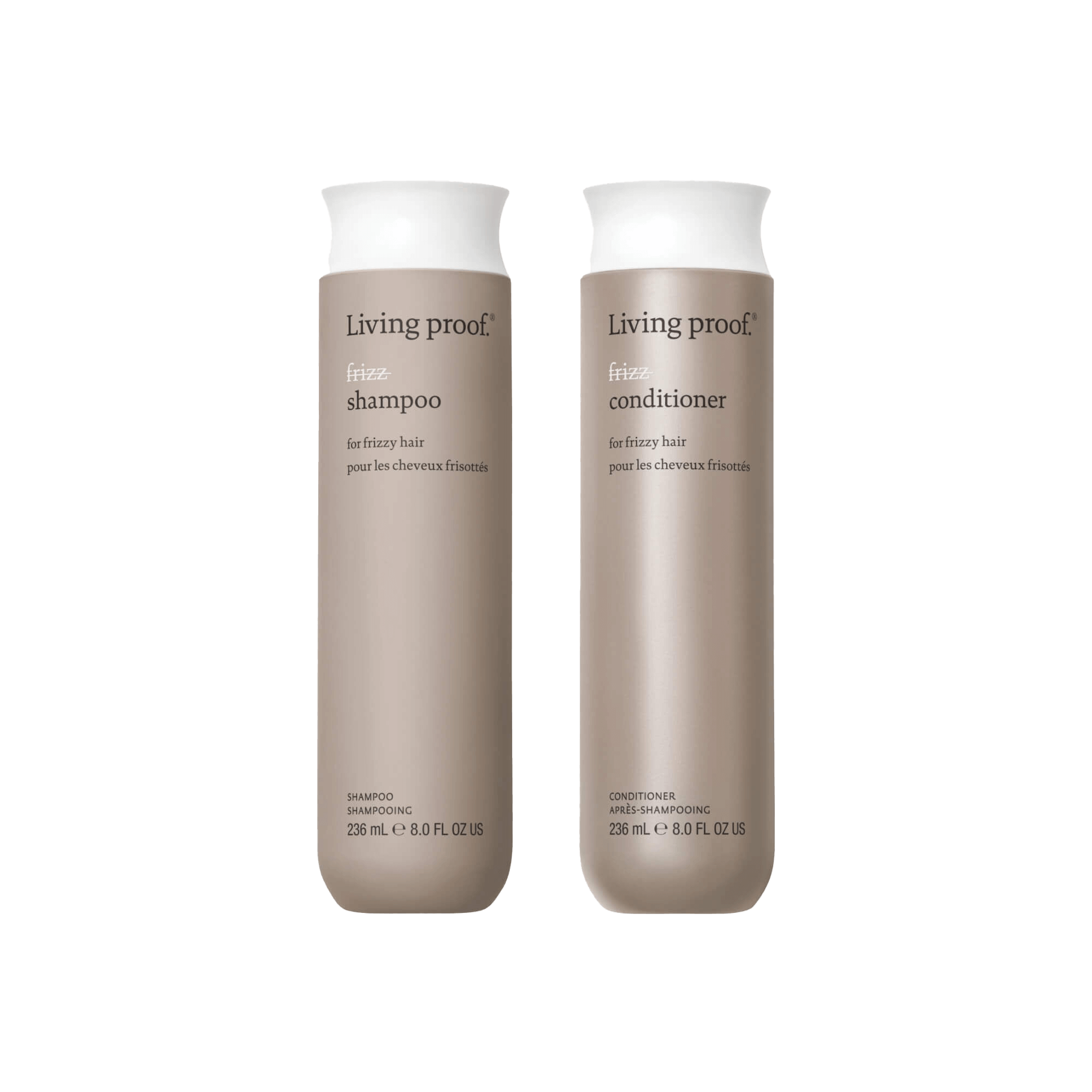 Two beige bottles of the No Frizz Wash Duo (Living Proof No Frizz Shampoo and Conditioner, 236 ml each) with minimalist labels and white caps stand side by side. For frizzy hair, powered by Sili-CLONE™ HairTech.