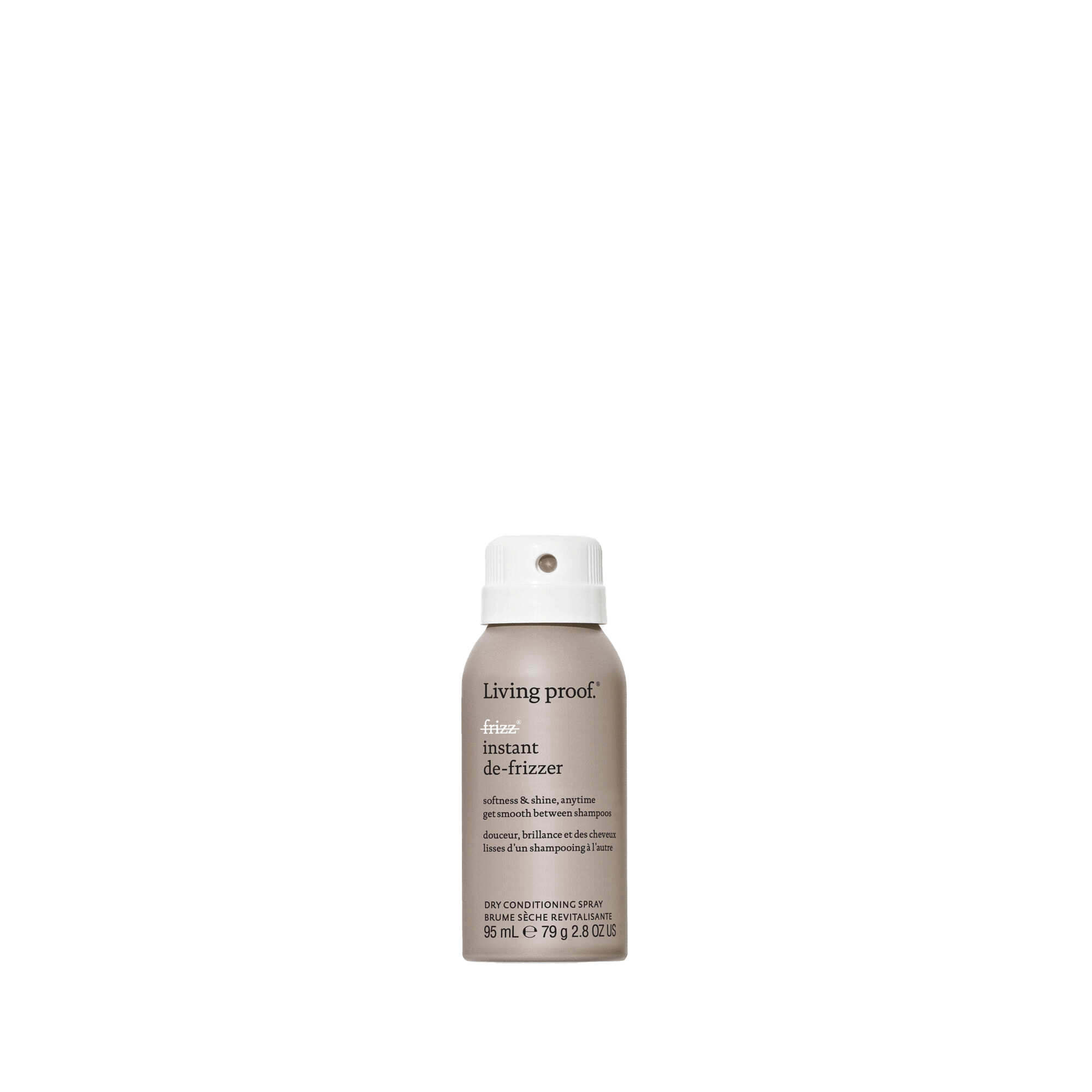 A small spray can of No Frizz Instant De-Frizzer dry conditioning spray, with a grey and white label, delivers softness and tames frizz, shown against a plain white background.