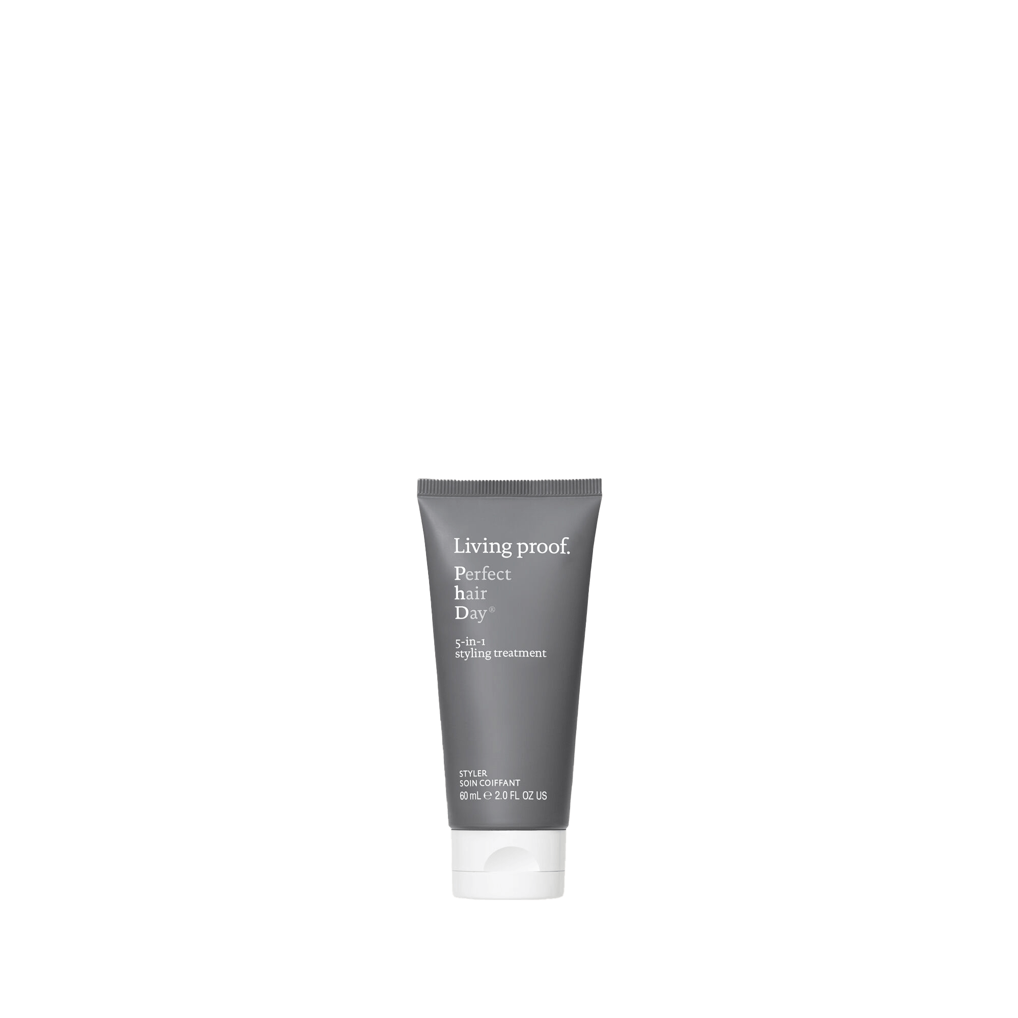 A tube of Perfect hair Day™ 5-in-1 Styling Treatment stands upright against a plain white background. The gray tube with white text smooths, protects, and styles hair for an effortless look.