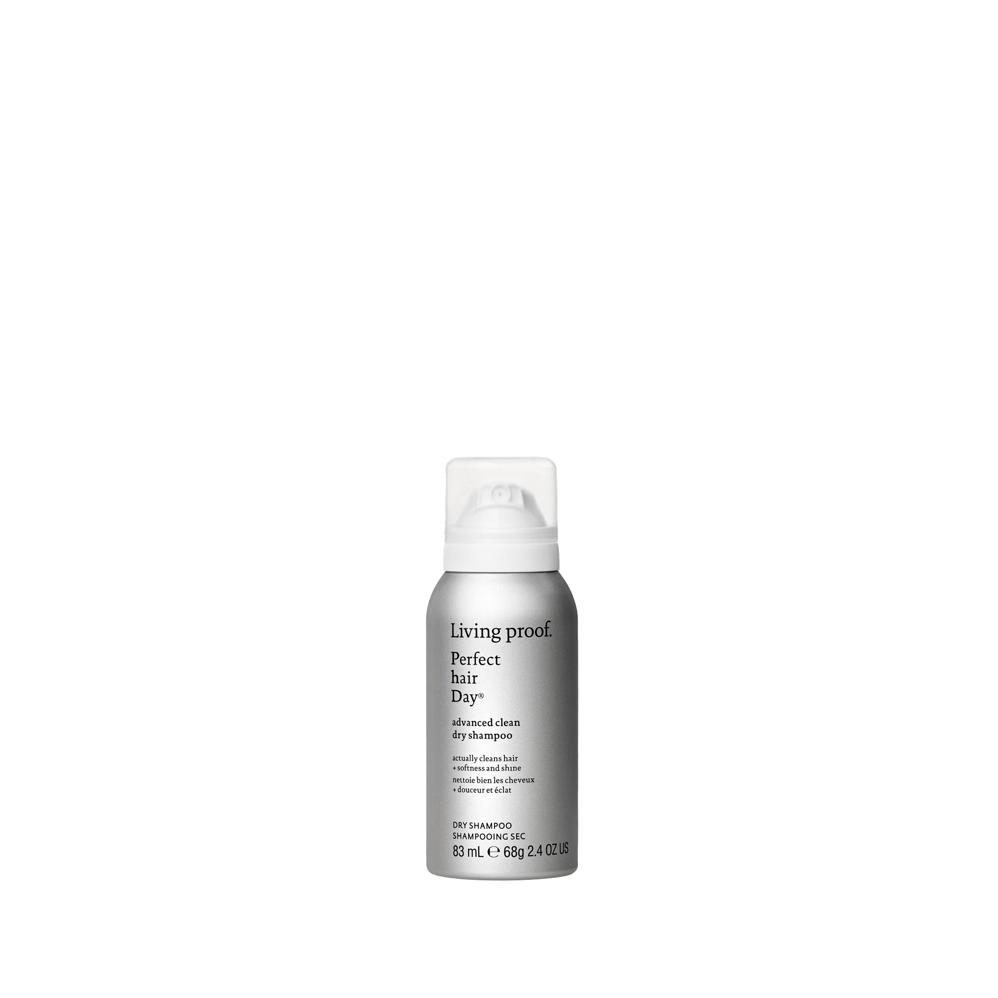 A small silver can of Perfect hair Day™ Advanced Clean Dry Shampoo, 83 mL (2.4 oz), with a breakthrough formula for just-washed softness, stands upright against a plain black background.