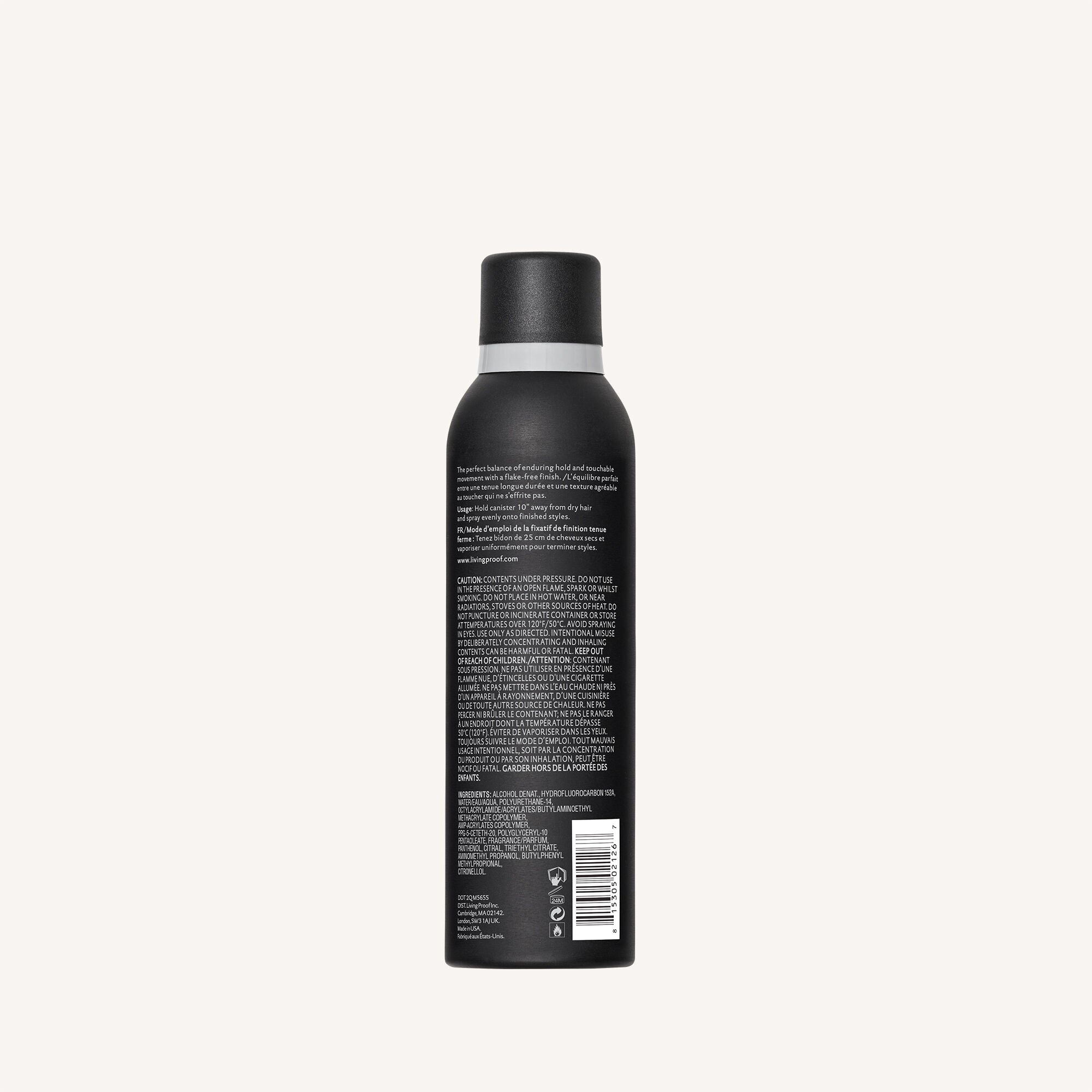 A black spray canister with a matte cap, shown from the back, displays dense white product info and a barcode—perfect for those seeking medium hold with Style Lab® Control Hairspray for a touchable finish.