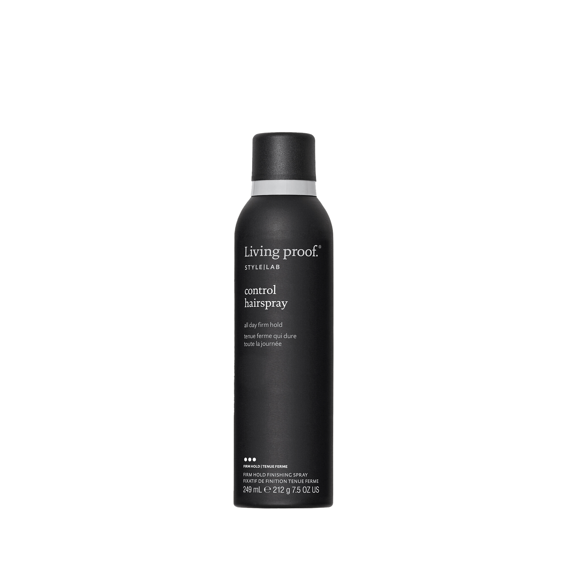 A black can of Style Lab® Control Hairspray with a matte finish and white text stands upright on a black background—ideal for styling hair and achieving a touchable, medium hold.