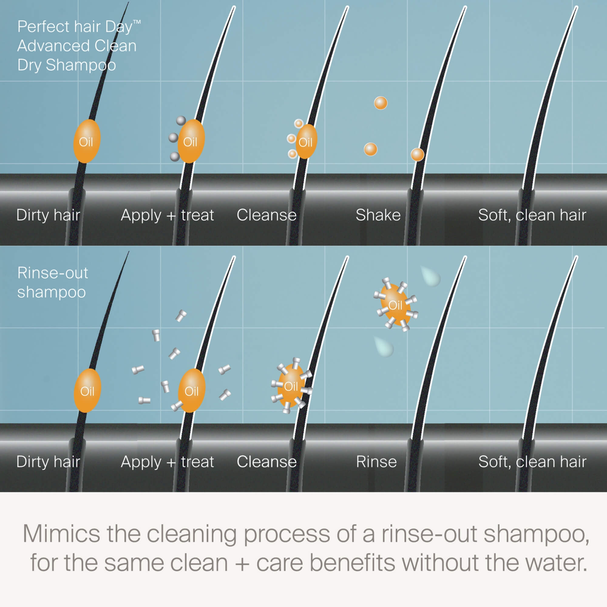 Diagram comparing Perfect hair Day™ Advanced Clean Dry Shampoo’s innovative formula and rinse-out shampoo: both remove oil from hair strands, resulting in just-washed softness. The dry shampoo applies, treats, cleanses; rinse-out uses water.