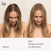 Split image shows a woman before and after using Dry Shampoo Duo. Left: hair looks oily and flat; right: hair appears clean and voluminous—thanks to a formula that absorbs oil for a refreshed look. Text reads Before & After: Dry Shampoo Duo.