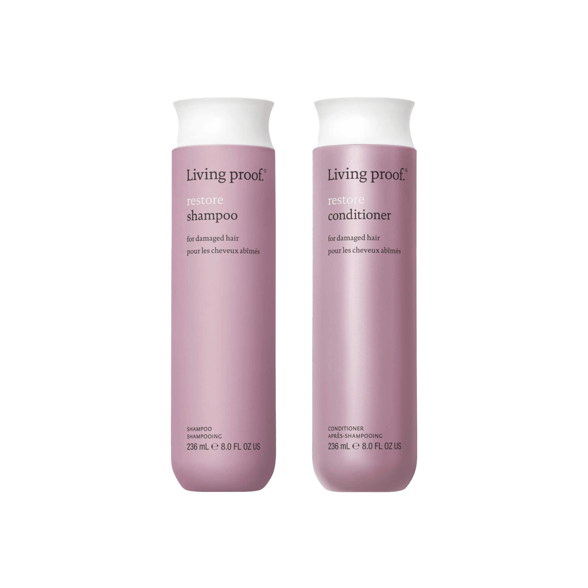 Two mauve bottles of Restore Wash Duo (236 mL each) with Sili-CLONE™ HairTech for damaged hair, standing upright against a white background.