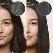 Side-by-side comparison of a woman’s hair before and after using Clarifying Detox Shampoo, with close-up insets showing how it removes hard water buildup—revealing smoother, cleaner hair on the right.