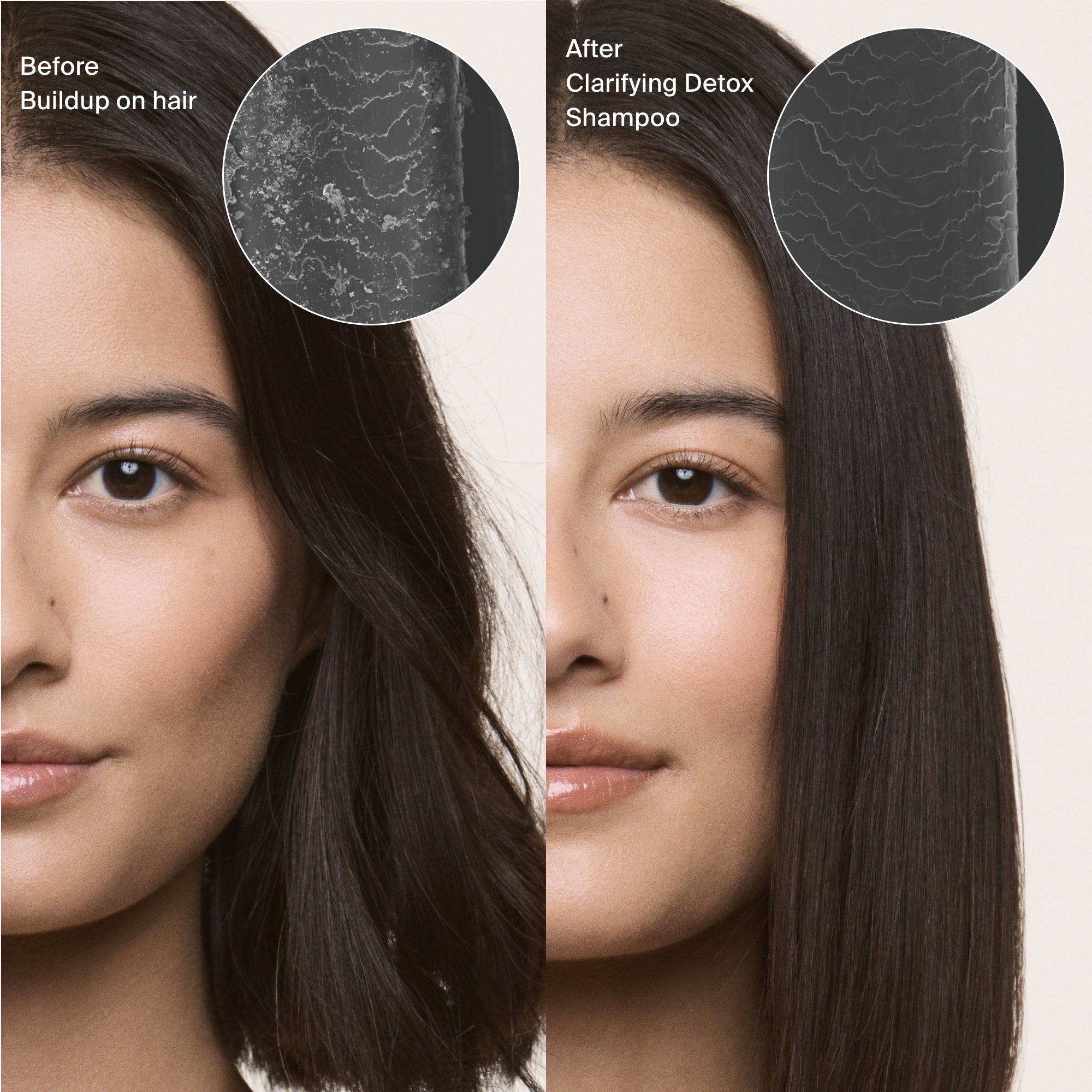 Side-by-side comparison of a woman’s hair before and after using Clarifying Detox Shampoo, with close-up insets showing how it removes hard water buildup—revealing smoother, cleaner hair on the right.