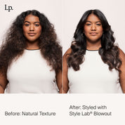 Before image with natural texture hair and after image with styled hair
