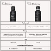 Comparison chart showing two Living Proof hairsprays: Flex Hairspray for medium, flexible hold and a touchable finish; and Style Lab® Control Hairspray for firm hold. Both provide heat protection up to 410°F/210°C.