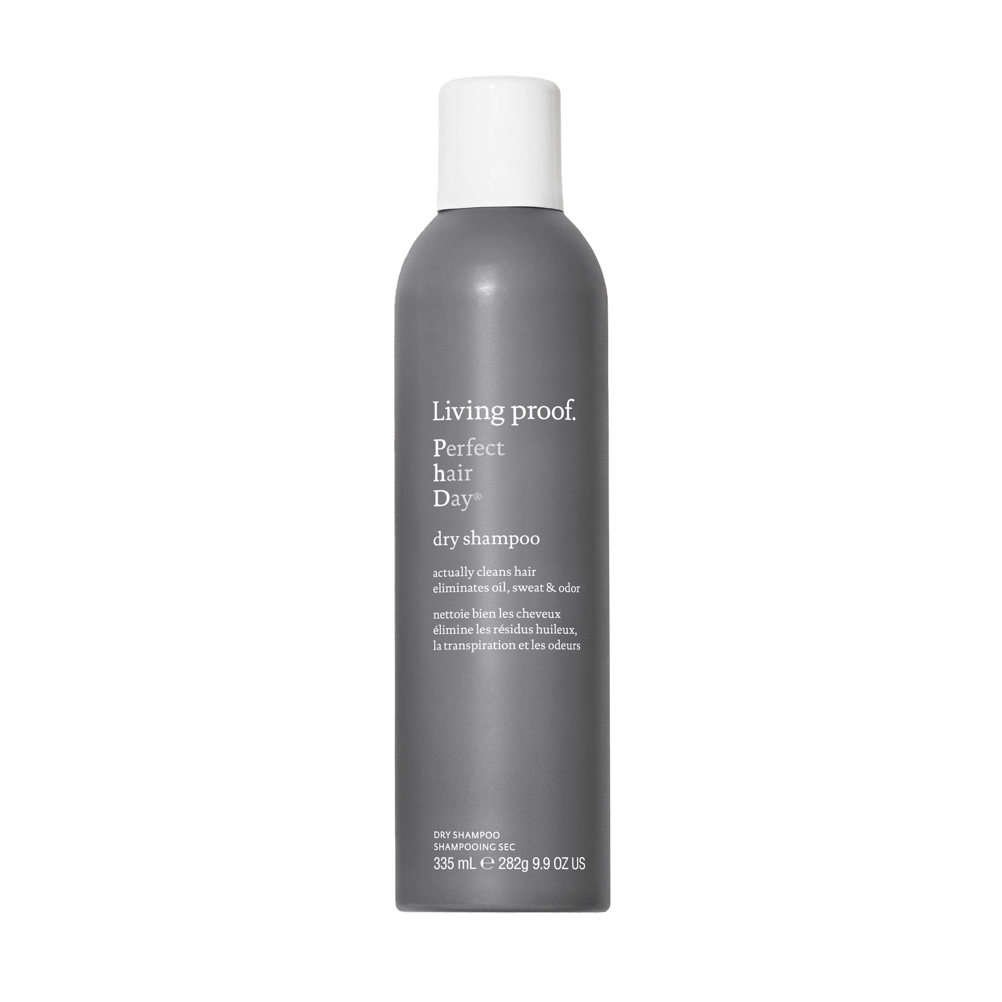 A bottle of Perfect hair Day™ Dry Shampoo, gray with white text, stands upright against a plain background. The label highlights oil absorption and hair-cleaning benefits for a long-lasting scent.