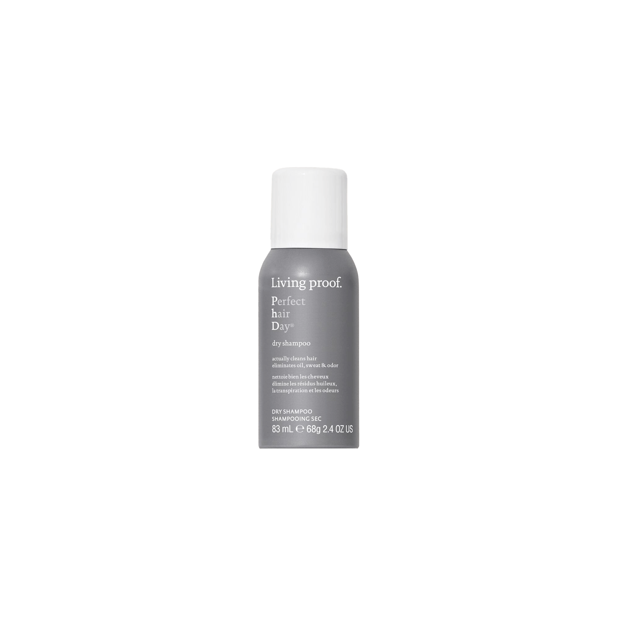 A small gray and white 83 ml (2.4 oz) bottle of Perfect hair Day™ Dry Shampoo stands upright on a plain black background, known for its long-lasting scent and oil-absorbing formula.