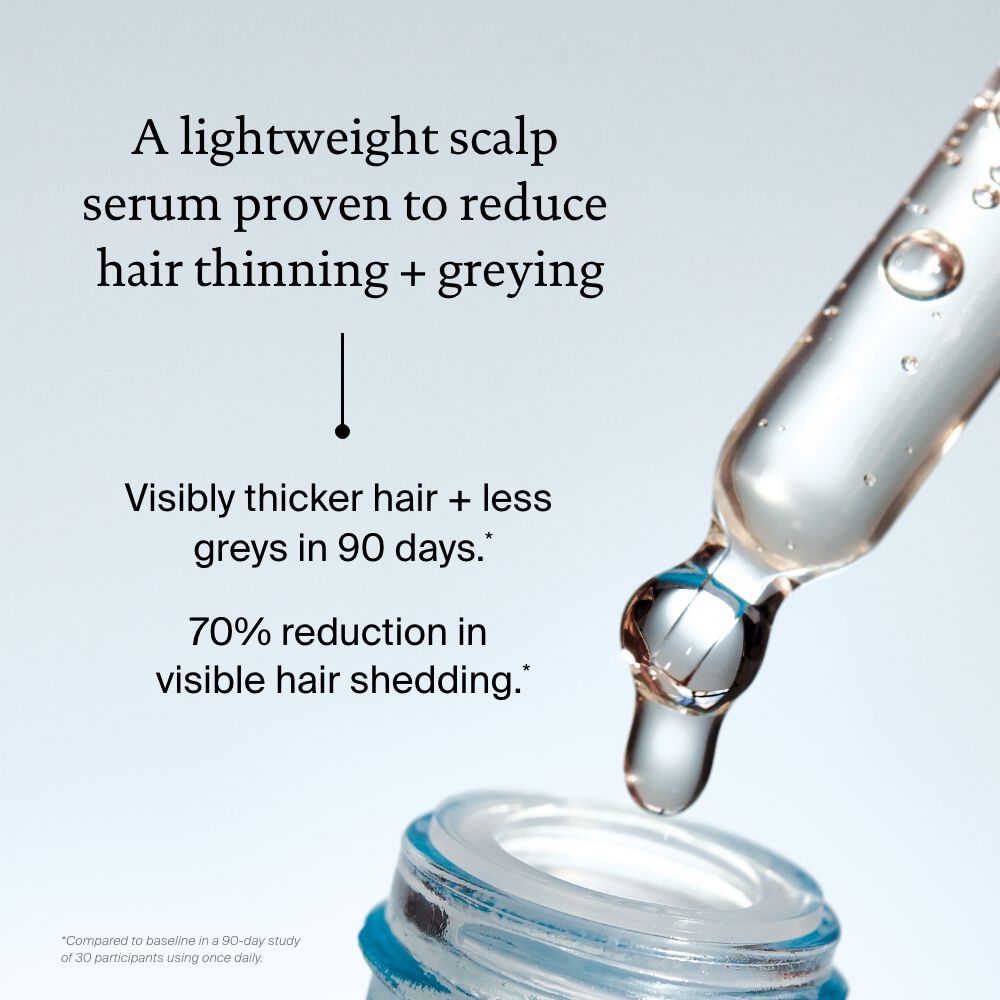 Density Serum dropper with claims proven to reduce hair thinning + greying