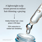Density Serum dropper with claims proven to reduce hair thinning + greying