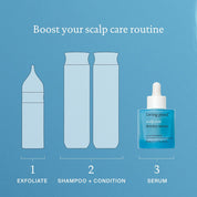 A graphic shows 3 scalp care steps: 1. Exfoliate (bottle icon), 2. Shampoo + Condition (two bottles), 3. Apply Scalp Care Density Serum (Living Proof bottle) on a blue background with text Boost your scalp care routine.