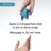 A hand holds a blue Scalp Care Density Serum dropper bottle above an open palm. Text: Apply 2-3 dropperfuls daily to dry or damp scalp for hair growth. Massage in, do not rinse. How to use label appears at top left.