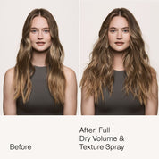 Side-by-side photos show a woman in a gray sleeveless top before and after using Full Dry Volume & Texture Spray, revealing boosted volume and textured waves for a natural, lived-in look.