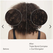 Back of head showing before and after using Triple Bond Complex + Curl Elongator on a model with curly hair.