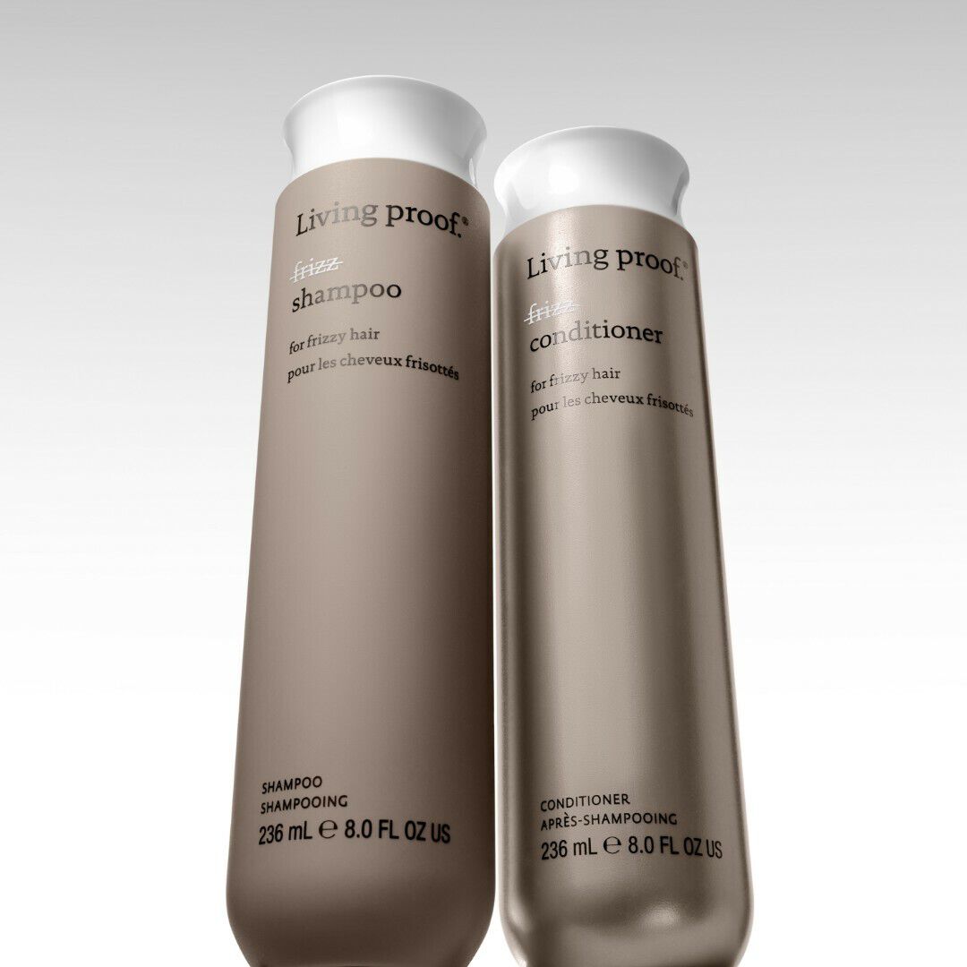 upward view of no frizz shampoo and conditioner.