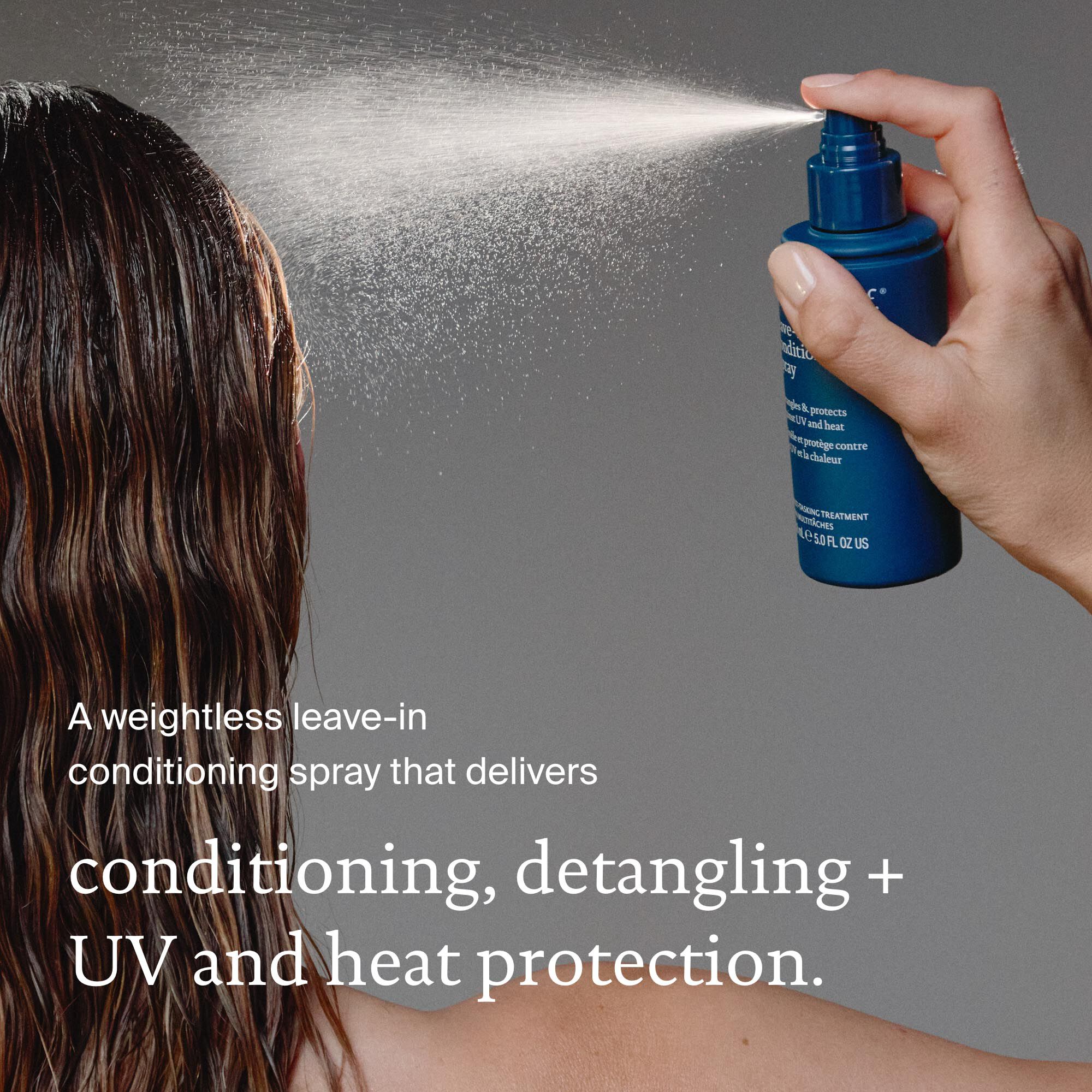 A hand applies Leave-In Conditioning Spray to wet hair from behind. Highlighted as a wash day essential, it provides weightless conditioning, lasting detangling, plus UV and heat protection for healthy, manageable hair.