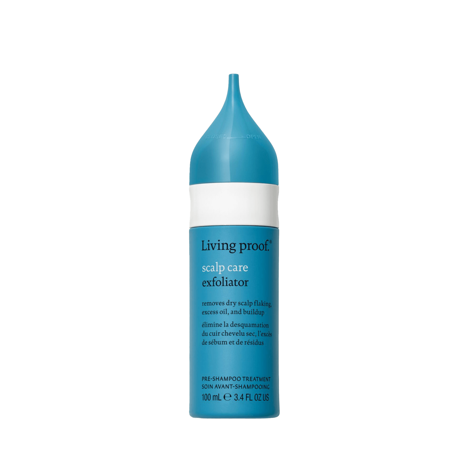 A 100 ml (3.4 fl oz) blue and white bottle of Scalp Care Exfoliator with a pointed nozzle, designed to exfoliate and remove dry scalp flaking before shampooing.
