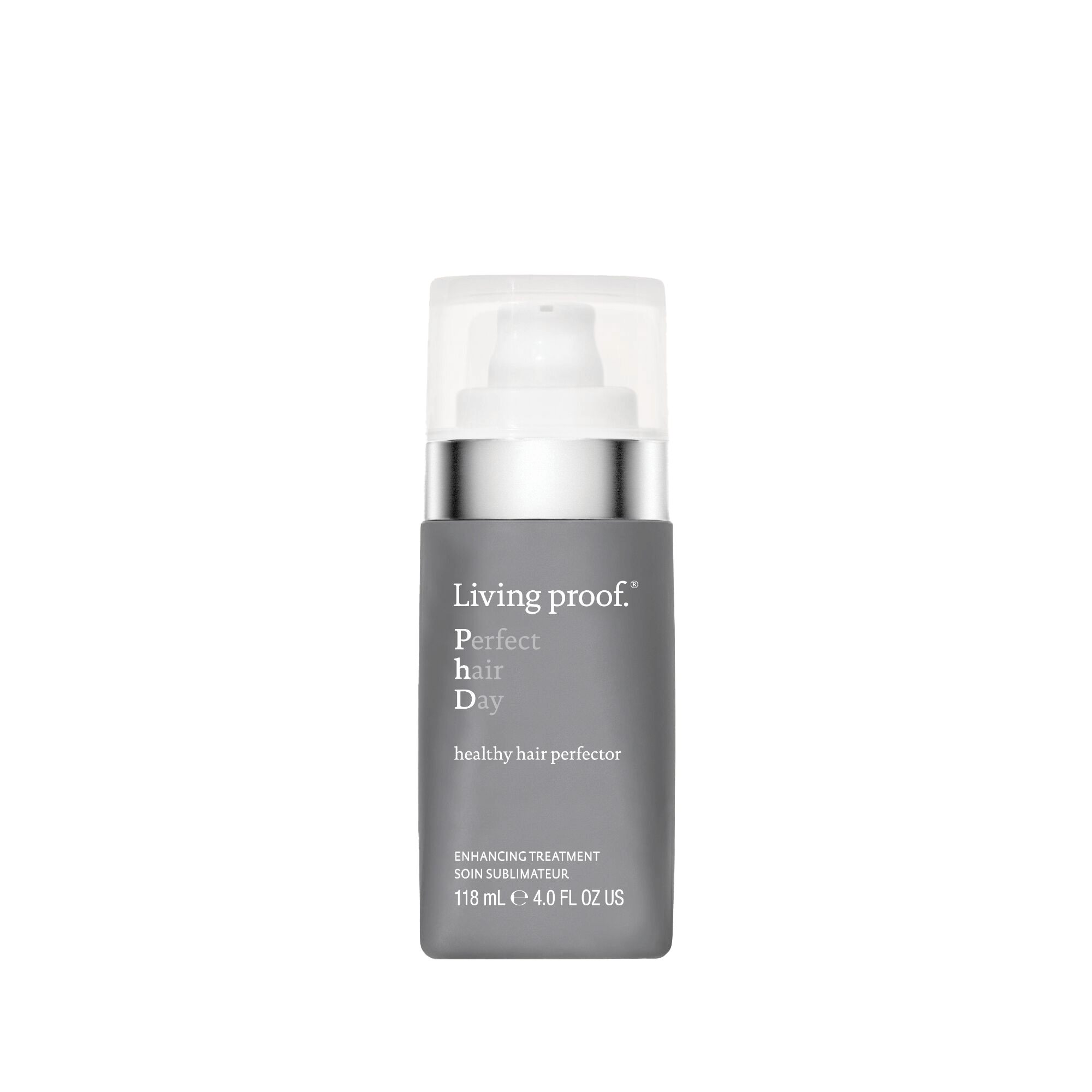 A 118 ml (4.0 fl oz) bottle of Perfect hair Day™ Healthy Hair Perfector, a gray and silver treatment designed to transform damaged hair for a healthier look, with a clear plastic cap.