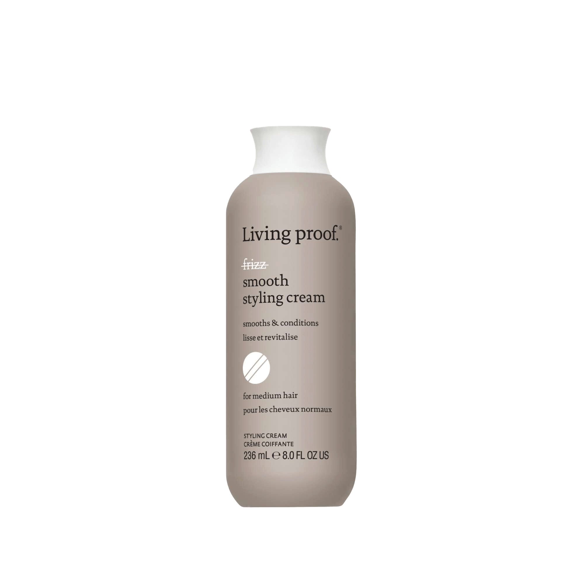 A 236ml (8 fl oz) bottle of No Frizz Smooth Styling Cream for medium hair, with a taupe body, white cap, and front label—ideal for frizz control and sleek styling.