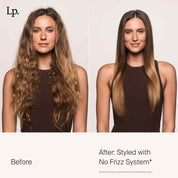A woman with long, wavy, frizzy medium hair in a “Before” photo and the same woman with smooth, straight hair after using No Frizz Smooth Styling Cream in an “After” photo, both in a sleeveless brown top.