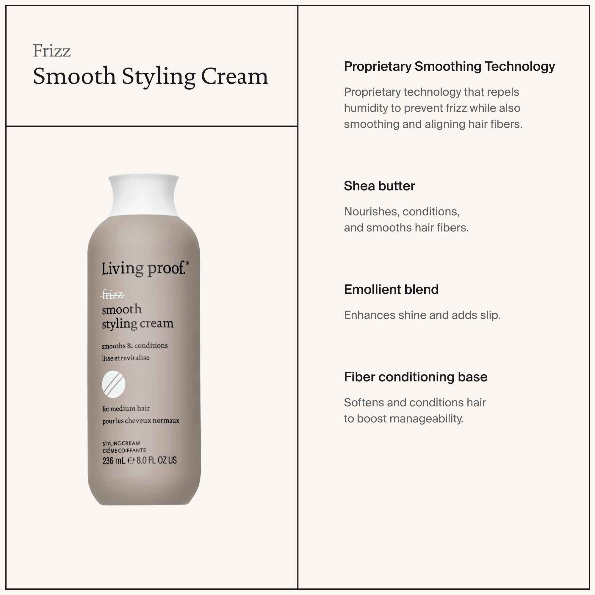 Image of No Frizz Smooth Styling Cream bottle on the left, with text highlighting frizz control and smoothness for medium hair—featuring shea butter, an emollient blend, and fiber conditioning for manageable results.