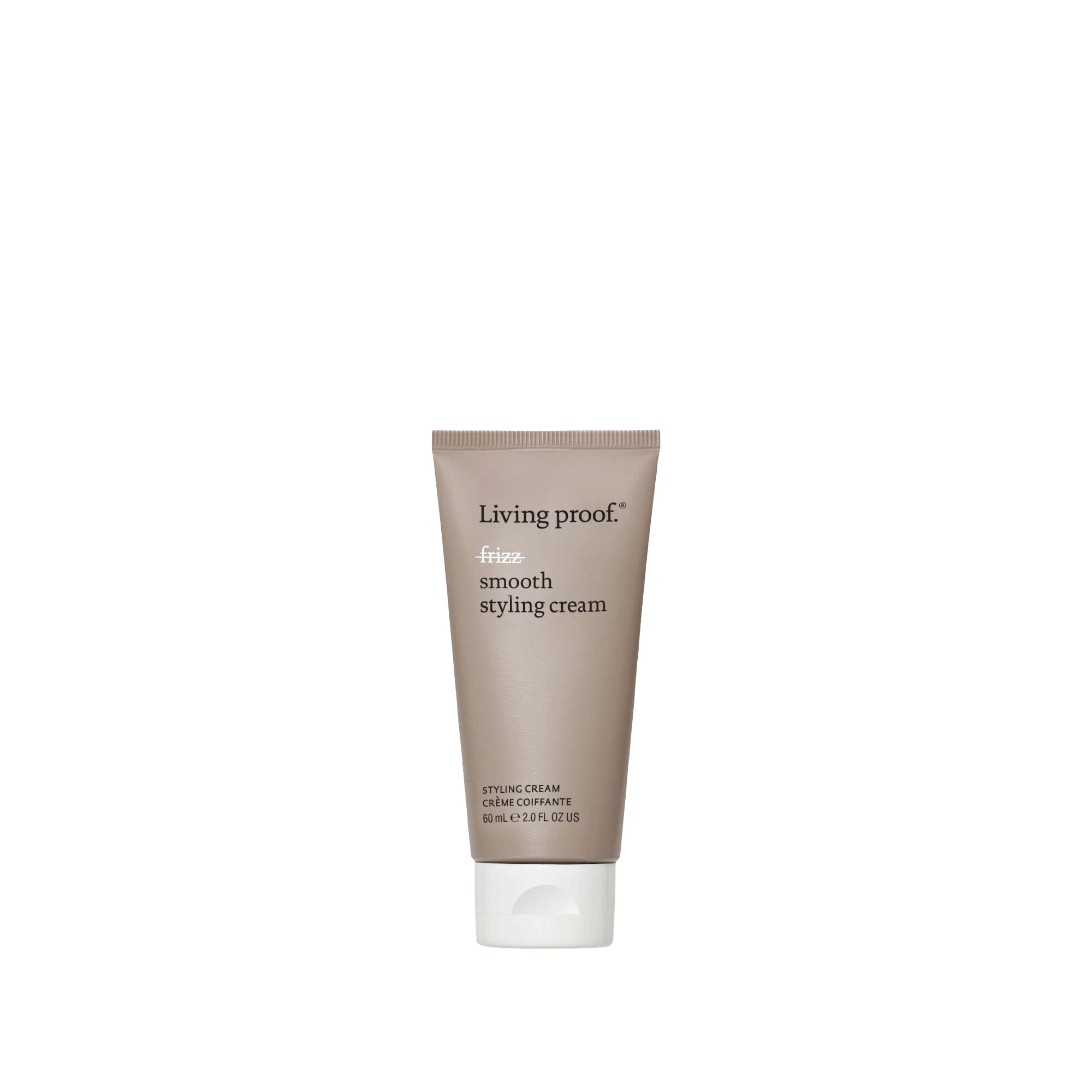 A taupe tube of No Frizz Smooth Styling Cream with a white cap stands upright against a white background. The label, in white text, highlights the product name and its frizz control benefits for medium hair.