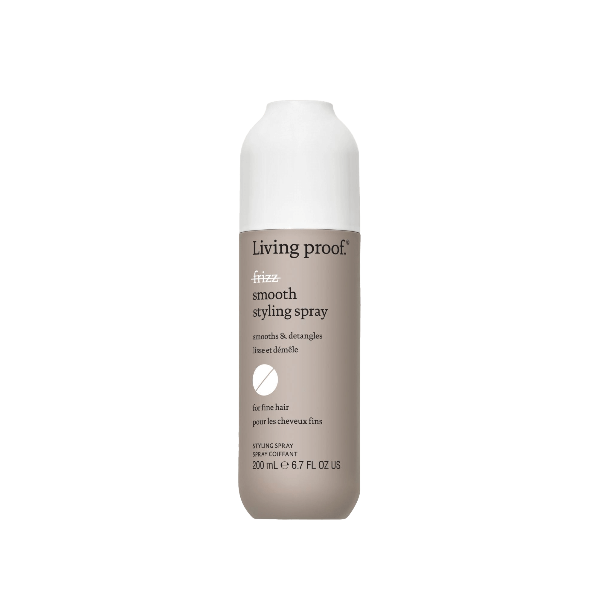 A 200 ml (6.7 fl oz) bottle of No Frizz Smooth Styling Spray, designed for fine hair with a white cap and taupe label, featuring text about its smoothing and detangling benefits.