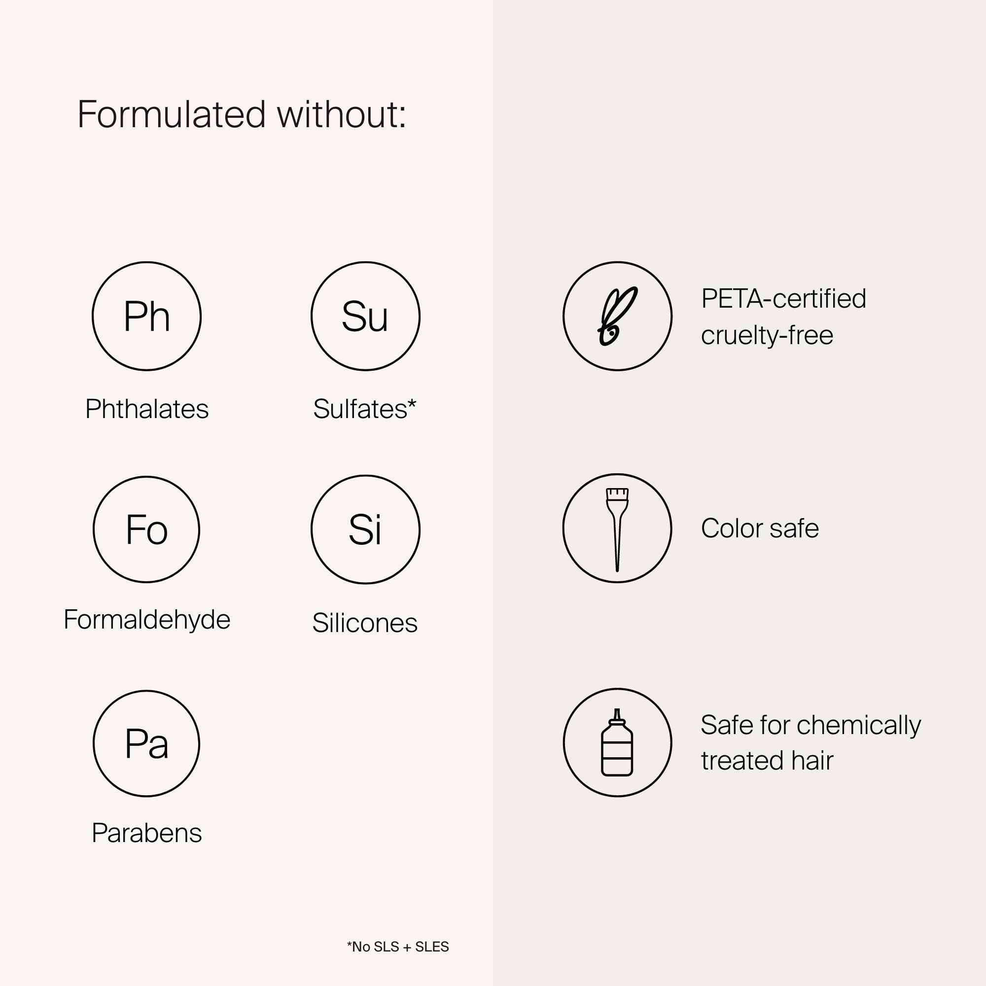 Formulate without: Phthalates, Sulfates,  Formaldehyde, Silicones, Parabens, PETA-certified, cruelty free, Color Safe, Safe for chemically treated hair