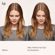 Side-by-side comparison of a woman’s hair before and after using Perfect hair Day™ Limited Edition Mini Dry Shampoo. Left: messy, flat hair. Right: smoother, fuller, shinier hair as the dry shampoo absorbs oil. She wears a gray top in both images.