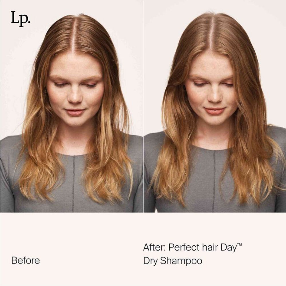 Side-by-side photos of a woman with long, straight hair: on the left, her hair is oily and flat; on the right, after using Perfect hair Day™ Dry Shampoo - Limited Edition Vanilla, her hair looks cleaner, voluminous, and refreshed.
