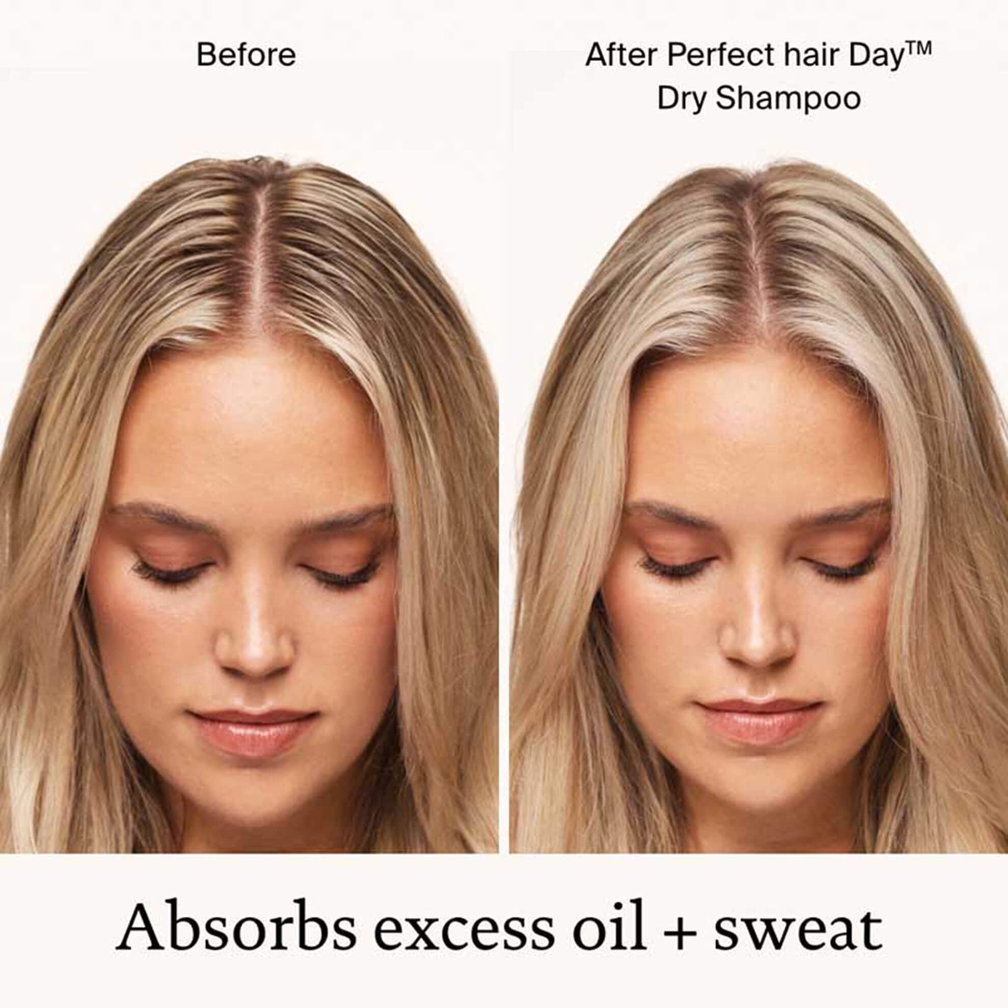 Side-by-side images show a woman’s hair before and after using Perfect hair Day™ Dry Shampoo. Left: oily roots. Right: clean, refreshed roots. Text reads: Absorbs oil & sweat for a long-lasting scent.