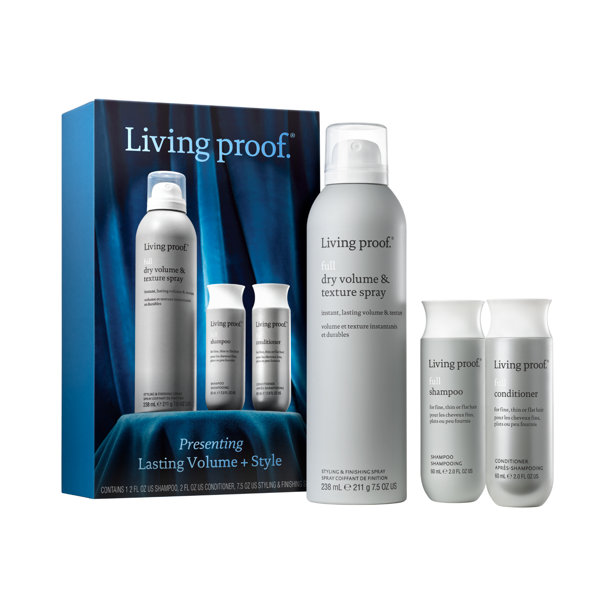 Living Proof hair care product set including shampoo, conditioner, and dry volume & texture spray on a white background.