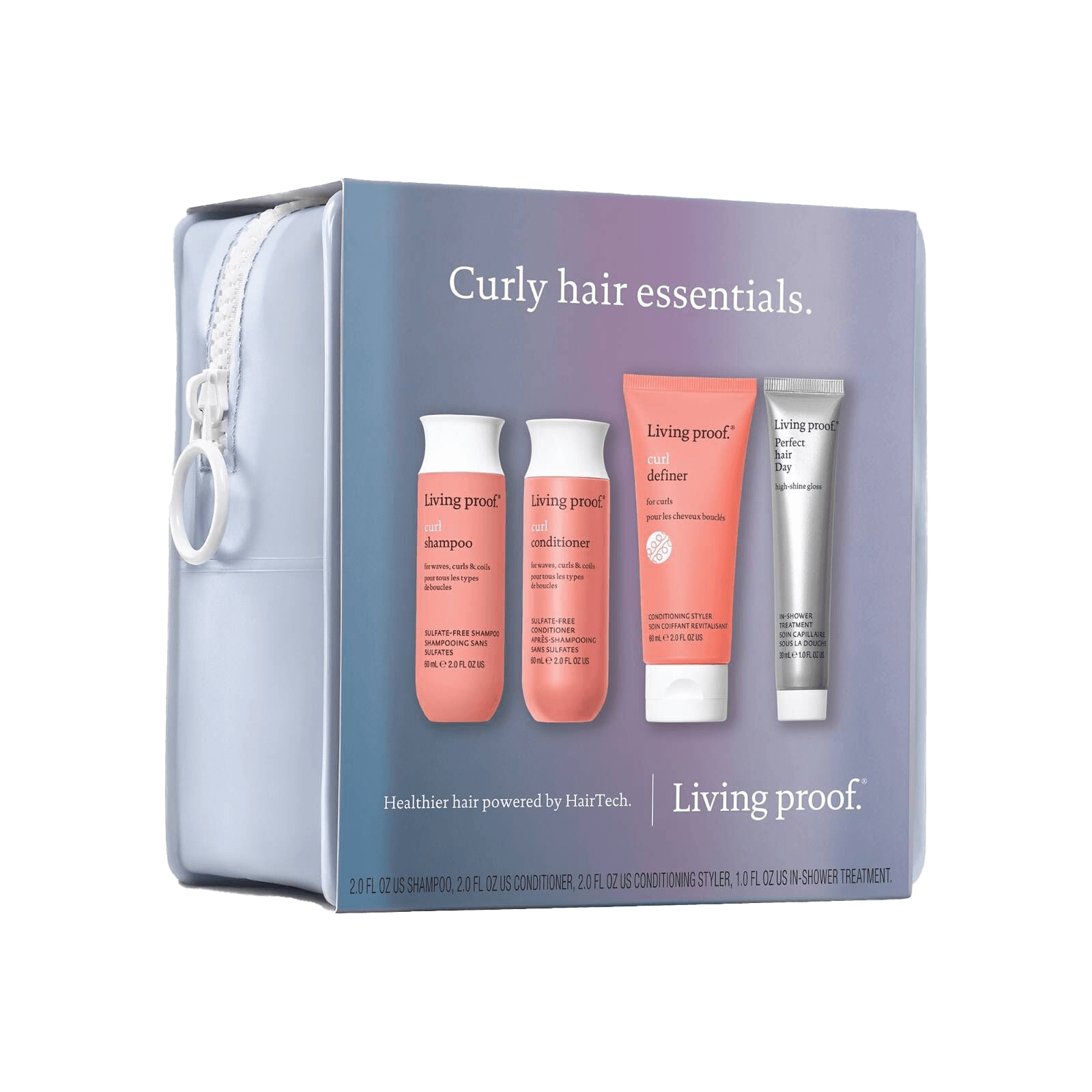 The Curl Curly Hair Essentials gift set includes four products for frizz-free curls, shown in front of a light blue zippered cosmetic bag.
