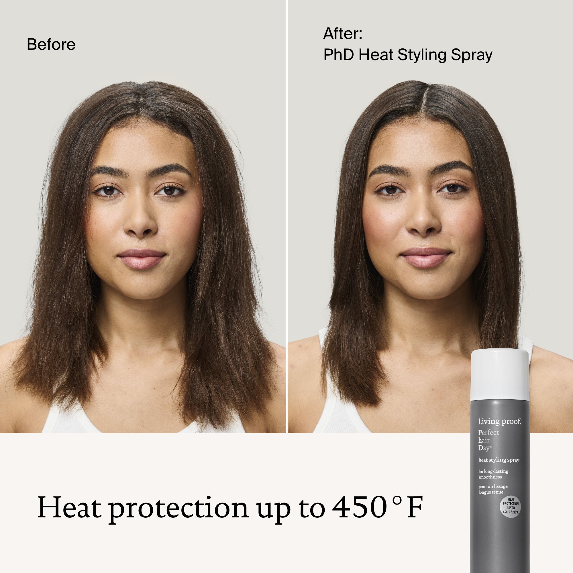 Before and after comparison of hair using PhD Heat Styling Spray with a product container displayed.