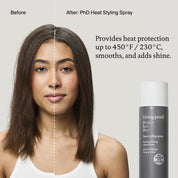 Woman with styled hair next to a bottle of PhD Heat Styling Spray on a plain background