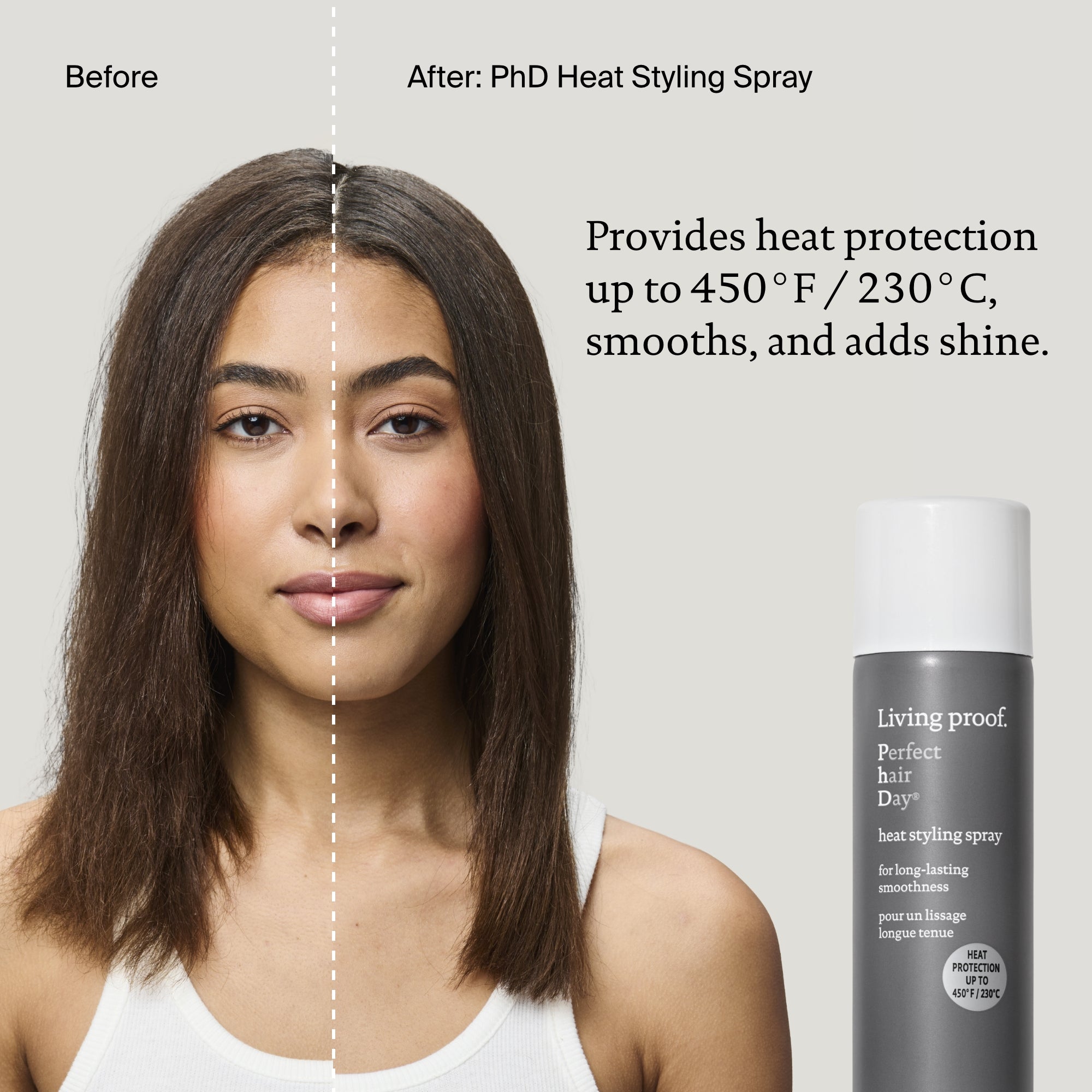 Woman with styled hair next to a bottle of PhD Heat Styling Spray on a plain background