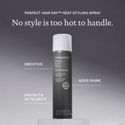 Living Proof Perfect Hair Day heat styling spray bottle on a gray background with text highlighting features.