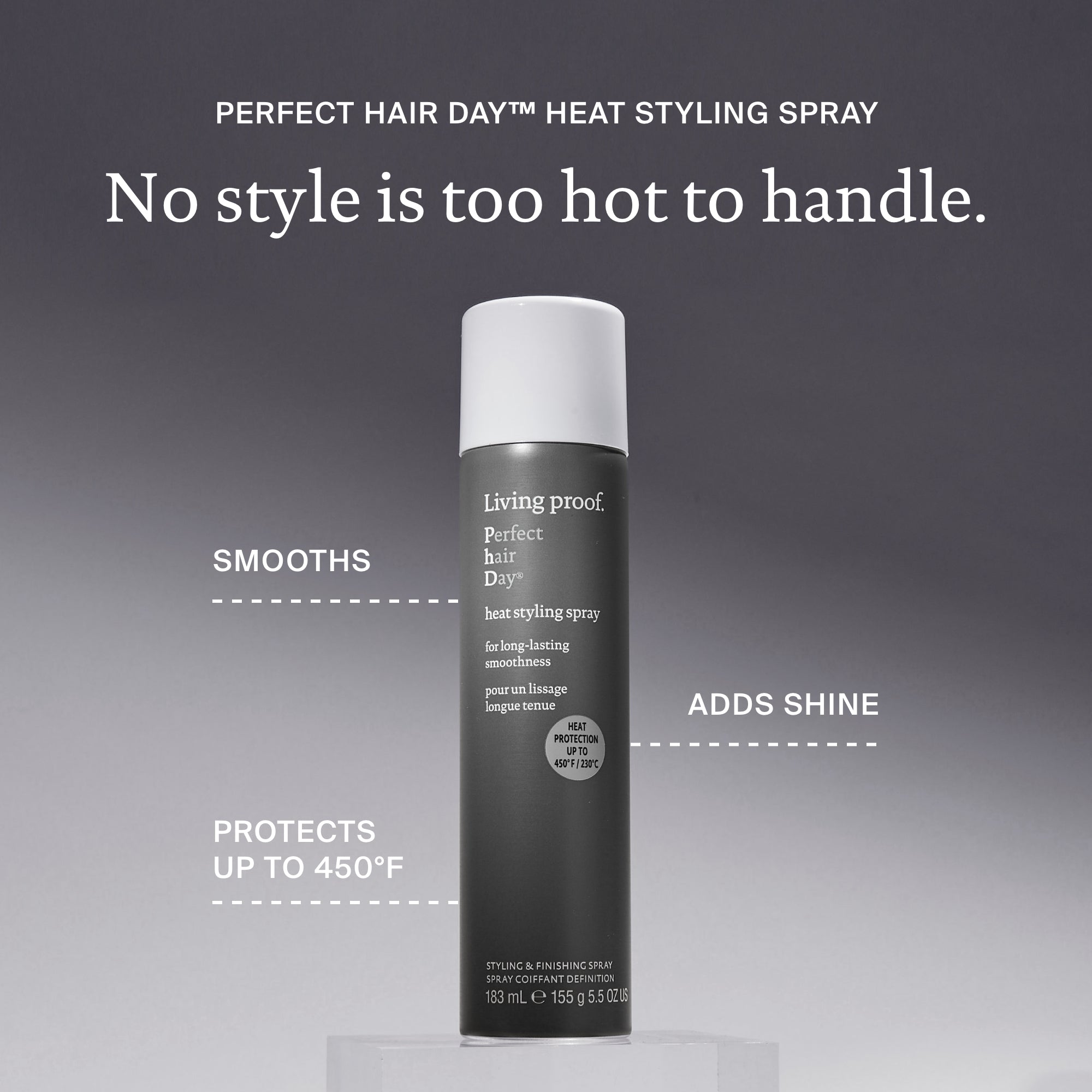 Living Proof Perfect Hair Day heat styling spray bottle on a gray background with text highlighting features.