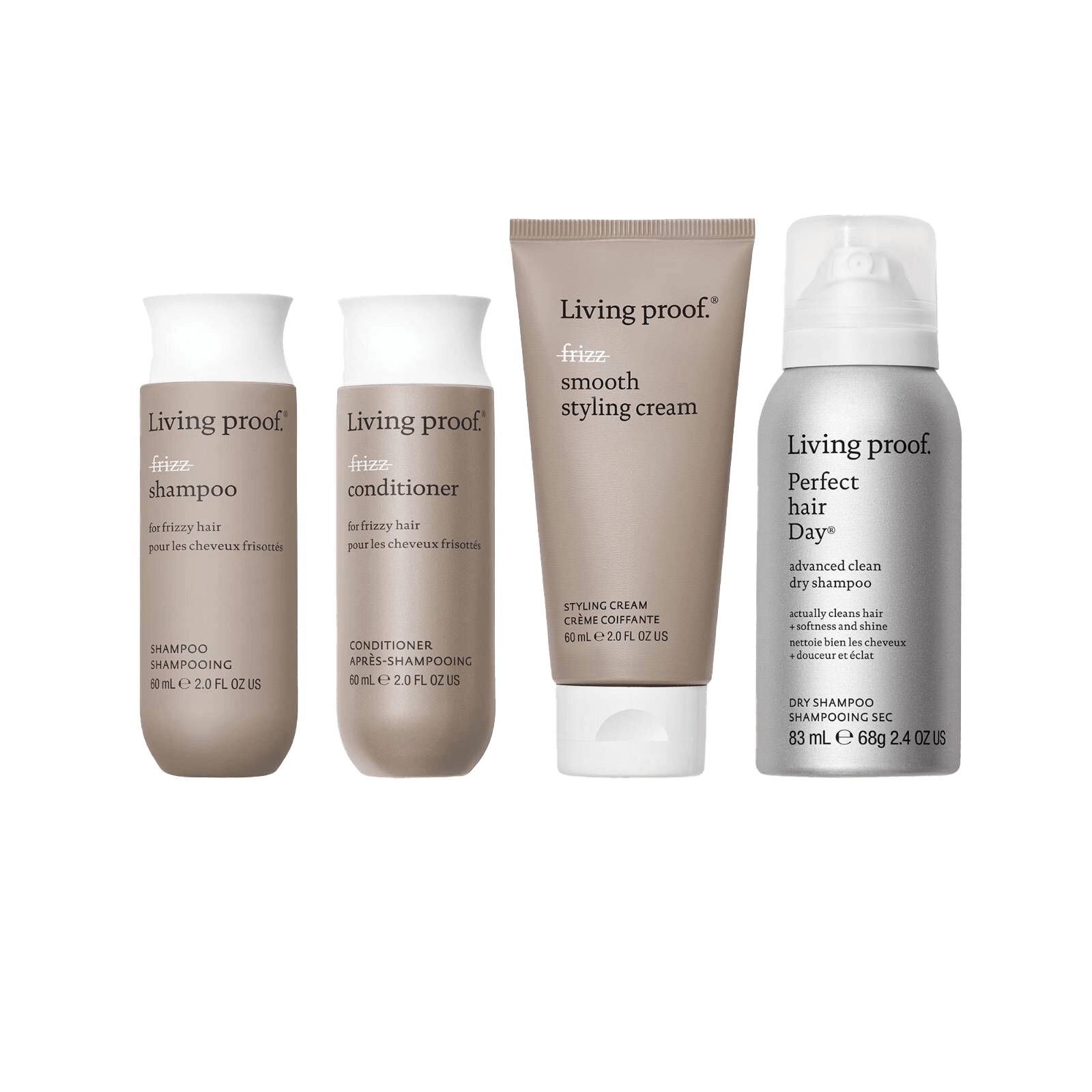 The No Frizz Frizz-free Hair Essentials kit includes four silicone-free Living Proof products—frizz shampoo, conditioner, smooth styling cream, and Perfect Hair Day dry shampoo—in sleek white and taupe packaging for smoother hair.