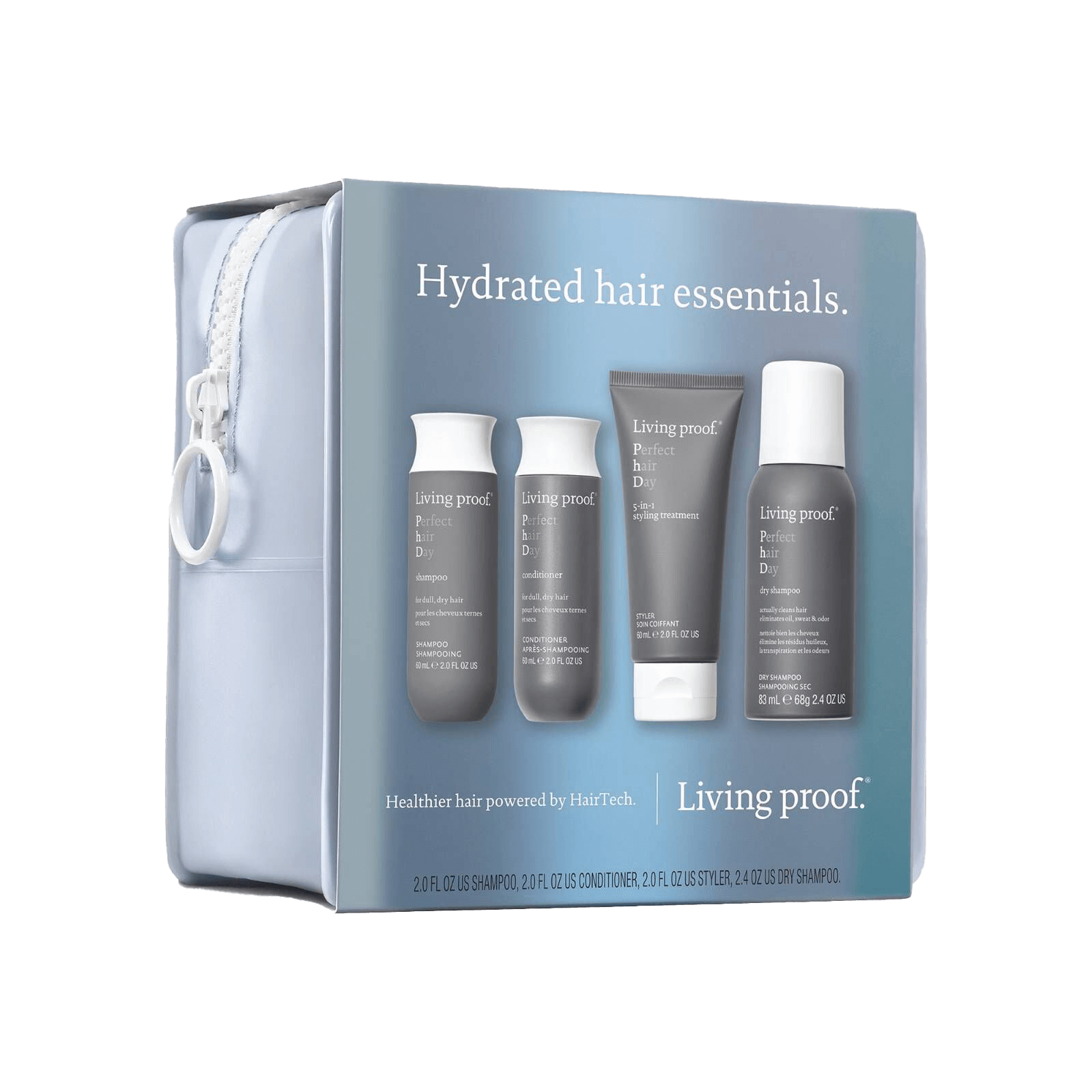 The Perfect hair Day™ Hydrated Hair Essentials set includes four gray bottles—shampoo, conditioner, styling cream, and dry shampoo—for silicone-free hair, all in a light blue zippered bag labeled “Hydrated hair essentials.”.