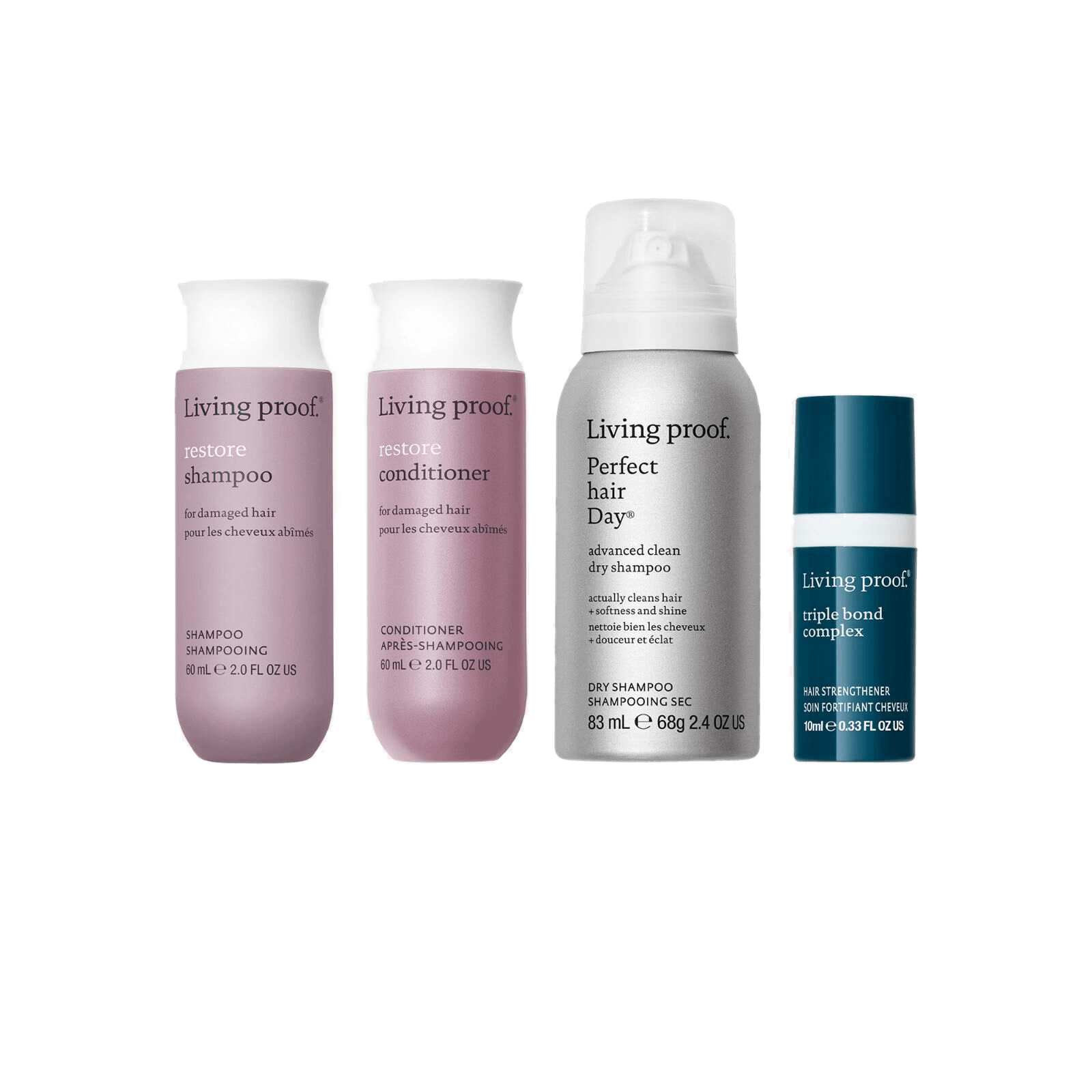 The Restore Strong Hair Essentials set features four Living Proof silicone-free hair repair products in travel-size bottles, displayed together on a white background.