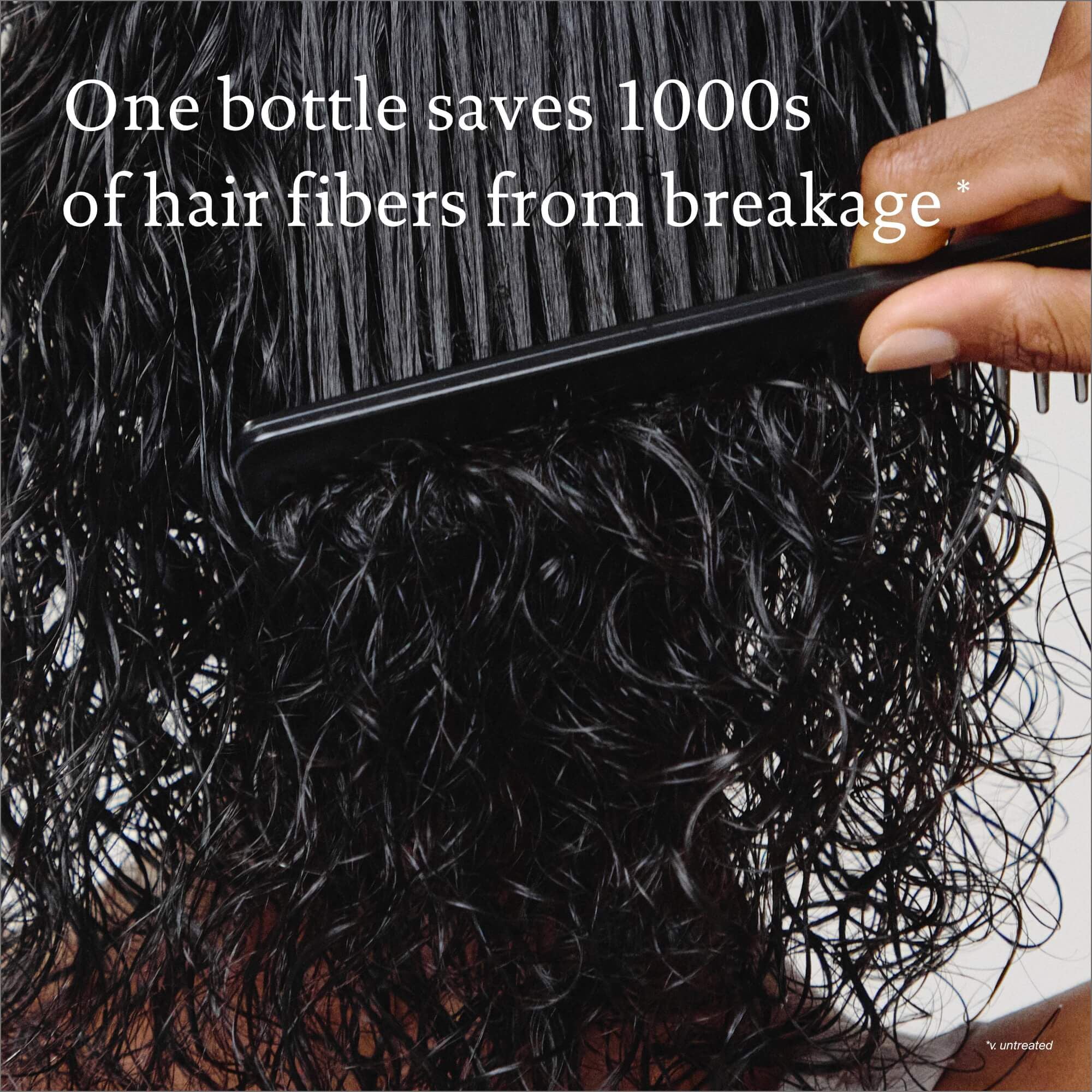 A close-up of a hand combing wet, curly hair with text overlay: Leave-In Conditioning Spray—your wash day essential—saves thousands of hair fibers from breakage.*.