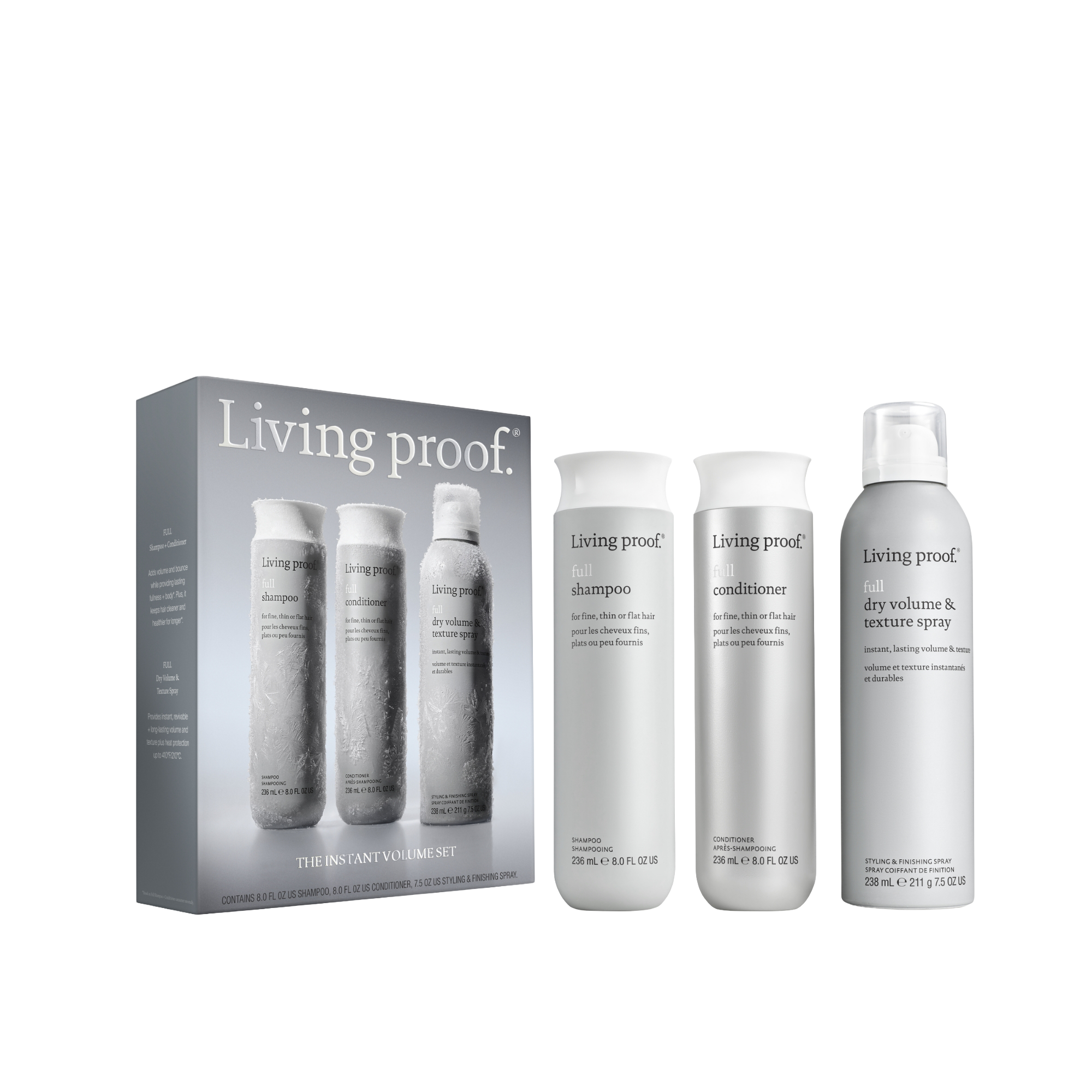 The Instant Volume Set featuring three white bottles—volume shampoo, conditioner, and dry texture spray for fuller hair—displayed next to a gray box showcasing the same products.