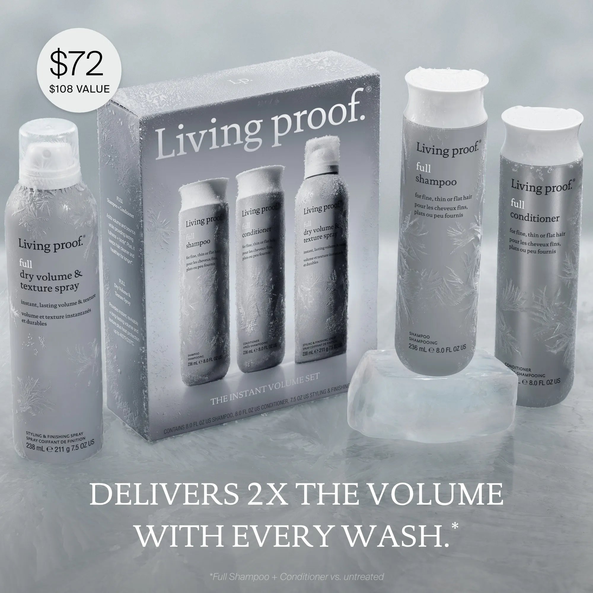 Four The Instant Volume Set hair products are displayed with a gift box. Price tag reads $72 ($108 value). Text below states, Delivers 2x the volume with every wash.* Products in this set include a volume shampoo, conditioner, and texture spray for visibly fuller hair.