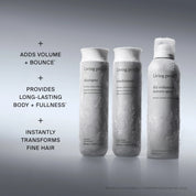 Three frosted-packaged bottles from The Instant Volume Set by Living Proof stand upright against a cool gray background. Text highlights their benefits: the volume shampoo adds lift and bounce, the texture spray delivers long-lasting body and fullness, and together, the trio instantly transforms fine hair for a fuller look.